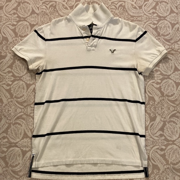 Men’s American Eagle Striped Polo Shirt White/Navy Size M Excellent - Picture 1 of 4